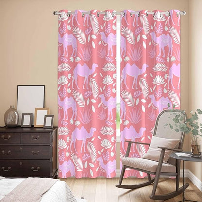 2 Panel Kitchen Cafe Curtains, Desert Camel Sunlight Filtering Nature Air Through, Window Decor Tier Curtains for Living Room 104W x 90L inch Vintage Sand Camel Leaves Flower Pattern Pink