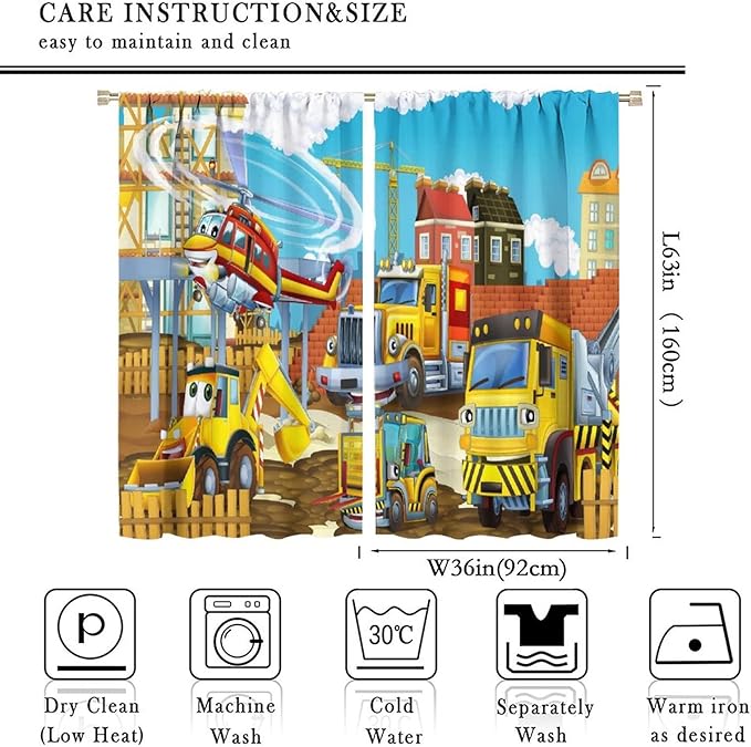 Kids Cartoon Construction Window Curtains, Funny Construction Site Cars and Helicopter Rod Pocket Decorative Windows Curtain for Children Teens Room Decor 72x63in (30% Blackout)