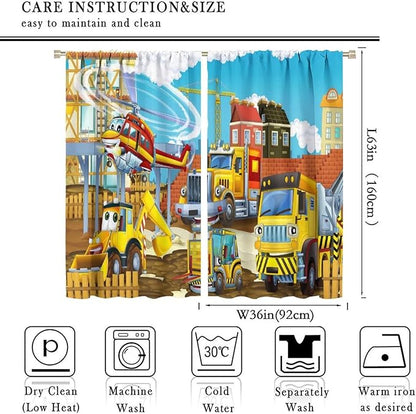 Kids Cartoon Construction Window Curtains, Funny Construction Site Cars and Helicopter Rod Pocket Decorative Windows Curtain for Children Teens Room Decor 72x63in (30% Blackout)