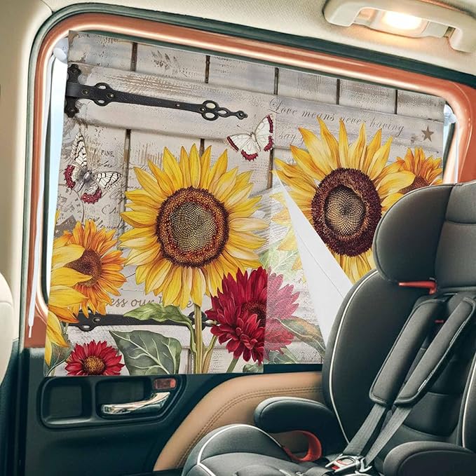 Red Yellow Sunflowers Magnetic Double Layer Car Window Shades,Side Window Curtains for Blackout/Breathable Mesh View,Retro Rustic Barn Doors Butterfly Brown Heat Protection Sun Shades 26x20in 2pcs