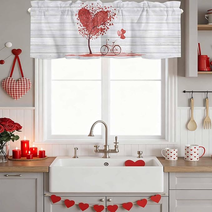 Valentine's Day Valance Curtains for Kitchen, Red Love Trees Bicycles Balloons Wood Grain Privacy Rod Pocket Valance Curtain, Light-Filtering Window Treatment for Bedroom Bathroom, 60"x18"