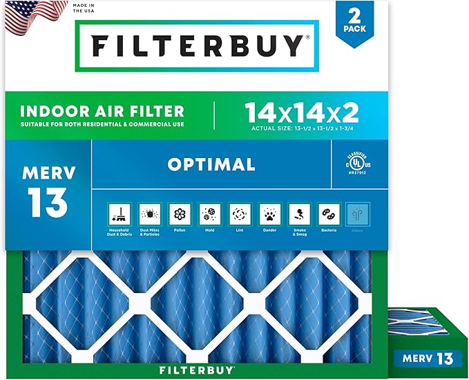 Filterbuy 14x14x2 Air Filter MERV 13 Optimal Smoke & Allergy Defense (2-Pack), Electrostatic Pleated HVAC AC Furnace Filters Replacement, Made in USA (Actual Size: 13.50 x 13.50 x 1.75)
