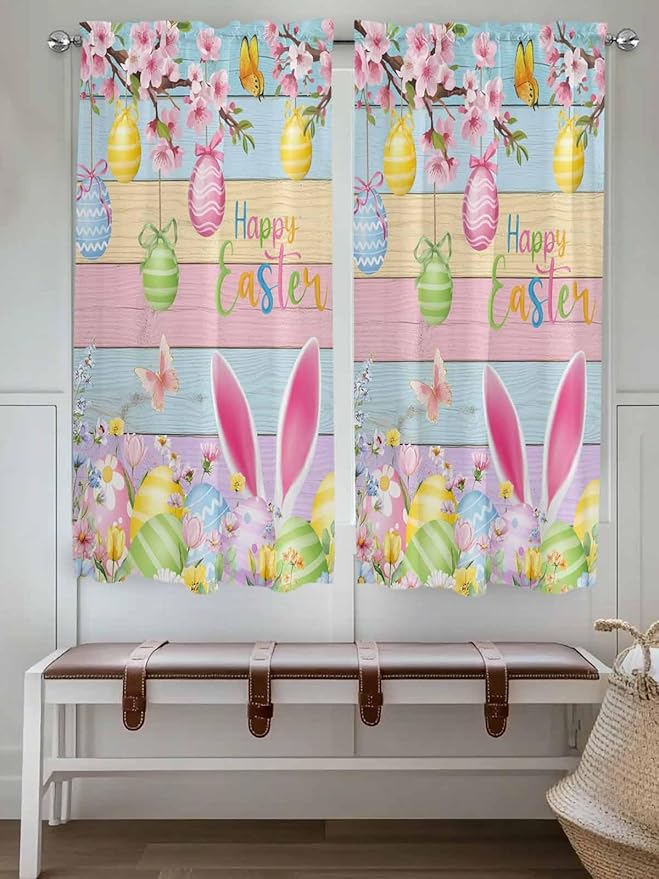 Colorful Easter Living Room Curtains 72 Inches length, Spring Watercolor Bunny Egg Flower Wood Grain Window Treatment Curtain Drapes, Light Filtering Drapes for Bedroom Laundry Room, 52"x72", 2 Panels