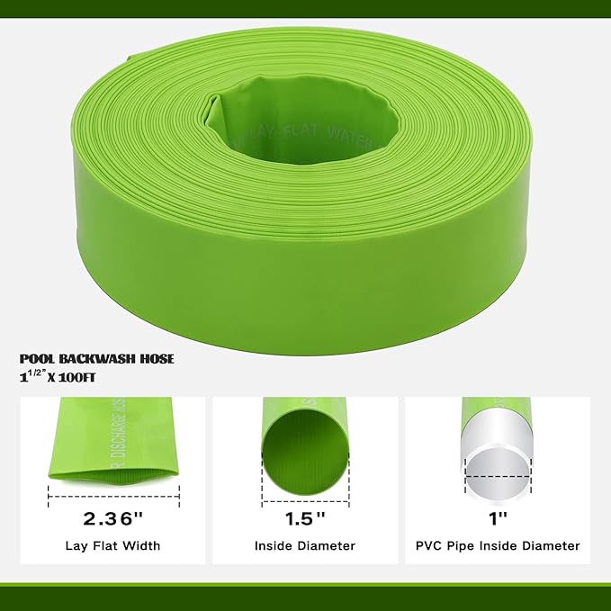 Eastrans 1-1/2'' x 100 FT Pool Backwash Hose with 2 Hose Clamps,Extra Heavy Duty Discharge Hose,Drain Hose for Swimming Pool,Super wear-resistant,weather blast,green