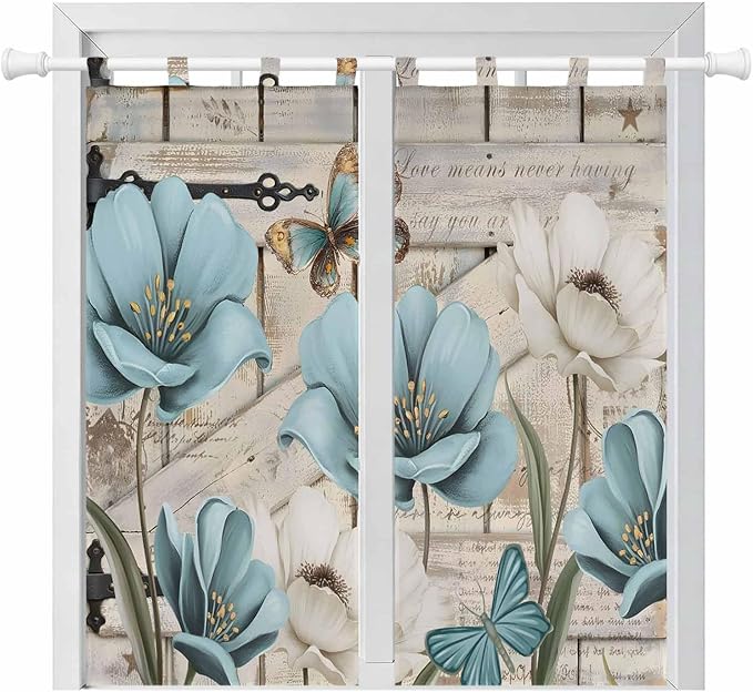 Teal Blue Tulips Bedroom Curtains 72 Inch Length, Window Curtains Tab Top, Spring Floral Barn Doors Vintage Wood Beige Light Filtering Window Treatments Drapes 52"x72" 2 Panel