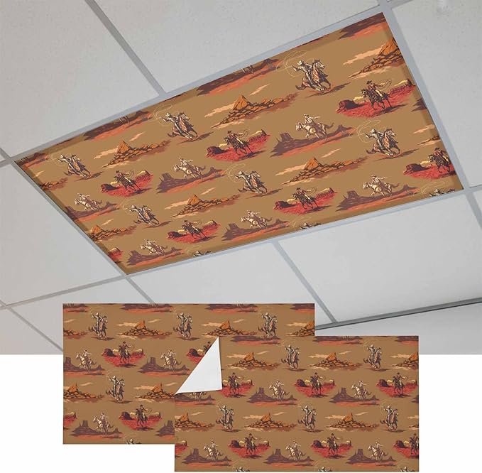 Cowboys Horses 2 Pcs Fluorescent Light Covers 4 x 2 Feet, Desert Ethnic Winds Brown Background Covers for Ceiling Lights Magnetic Light Cloth Filter for Classroom Office Home