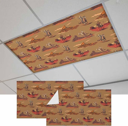 Cowboys Horses 2 Pcs Fluorescent Light Covers 4 x 2 Feet, Desert Ethnic Winds Brown Background Covers for Ceiling Lights Magnetic Light Cloth Filter for Classroom Office Home