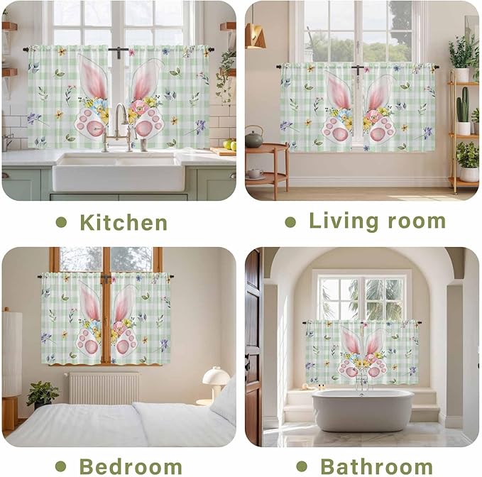 Easter Kitchen Curtains 45 Inch Long 2 Panel Set, Rod Pocket Window Treatment, Spring Bunny Ears Feet Flowers Green Plaid Light Filtering Panels Short Drapes for Bathroom Camper 42"W x 45"L