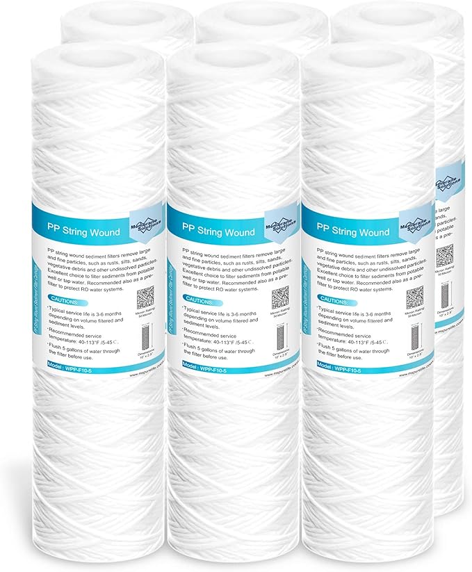 Membrane Solutions 50 Micron 10"x2.5" String Wound Whole House Water Filter Replacement Cartridge Universal Sediment Filters for Well Water - 6 Pack