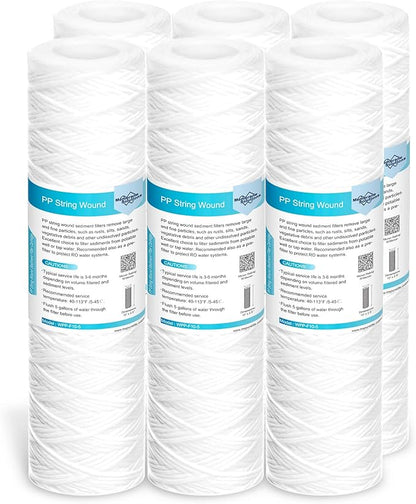 Membrane Solutions 50 Micron 10"x2.5" String Wound Whole House Water Filter Replacement Cartridge Universal Sediment Filters for Well Water - 6 Pack