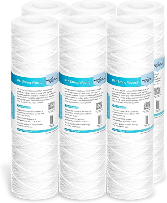 Membrane Solutions 50 Micron 10"x2.5" String Wound Whole House Water Filter Replacement Cartridge Universal Sediment Filters for Well Water - 6 Pack