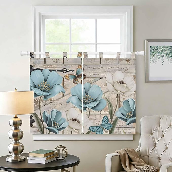 Teal Blue Tulips Bedroom Curtains 63 Inch Length, Window Curtains Tab Top, Spring Floral Barn Doors Vintage Wood Beige Light Filtering Window Treatments Drapes 42"x63" 2 Panel