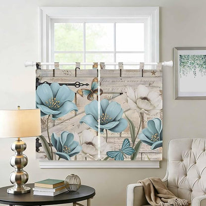 Teal Blue Tulips Bedroom Curtains 63 Inch Length, Window Curtains Tab Top, Spring Floral Barn Doors Vintage Wood Beige Light Filtering Window Treatments Drapes 42"x63" 2 Panel