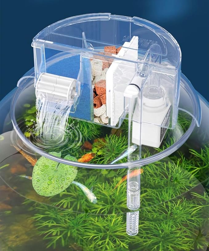 HIERYAN Circular Fish Tank Filter, Aquarium Hang on Filter, Small Fish Tank Filter with Biochemical Sponge, Suitable for a Circular Fish Tank with a Diameter of 5.35″ - 7″