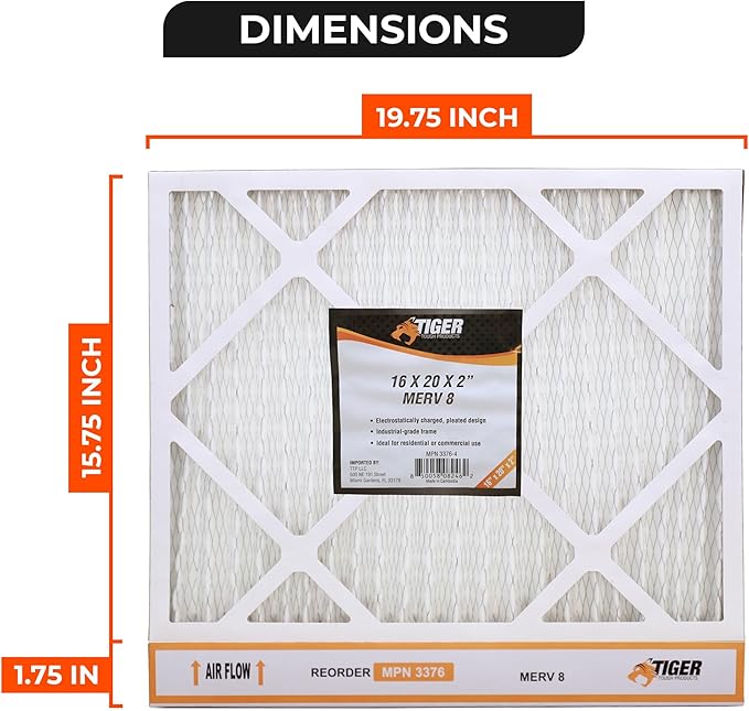 Tiger Tough 16x20x2 Air Filter MERV 8 MPR 600-800, High-Performance Pleated HVAC AC Furnace Filter Replacement for Home, 8-Pack
