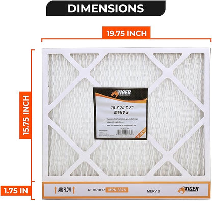 Tiger Tough 16x20x2 Air Filter MERV 8 MPR 600-800, High-Performance Pleated HVAC AC Furnace Filter Replacement for Home, 8-Pack