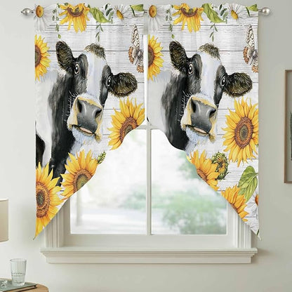 Retro Farmhouse Floral Swag Valances for Windows, Yellow Sunflowers Cows Butterfly Wood Rod Pocket Kitchen Curtains Valance, Small Window Curtains Swag for Cafe Living Room, 2 Panels, 36x36 inch