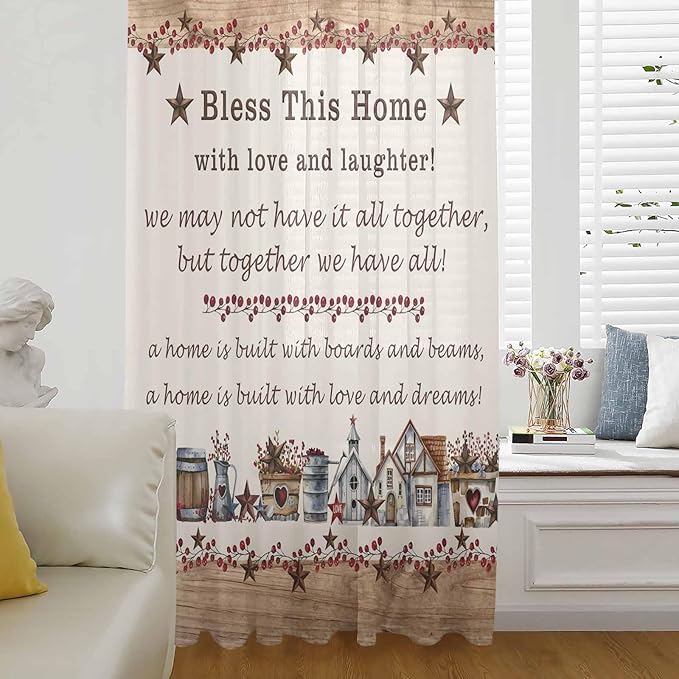 Farmhouse Sheer Curtains 84 Inch Length Country Star Barn Berry Brown Wood Plank Chiffon Curtain for Bedroom Living Room Light Filtering Rod Pocket Window Treatments Voile Curtains Drapes for Dining