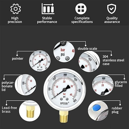 0-200 Psi Glycerin Liquid Filled Low Pressure Gauge, 2.5" Dial Size, 1/4" NPT Lower Mount, 304 Stainless Steel Case, for Water Pipe, HVAC, Water Oil Air Pressure Test