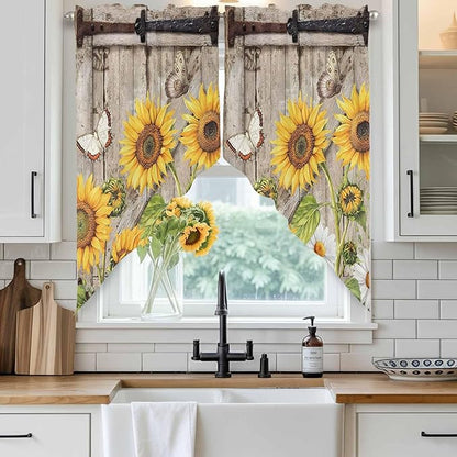 Farmhouse Sunflowers Swag Valances for Windows, Rustic Barn Doors Flowers Butterfly Wooden Rod Pocket Kitchen Curtains Valance, Kitchen Window Curtains Swag for Cafe Living Room, 2 Panels, 36x45 inch