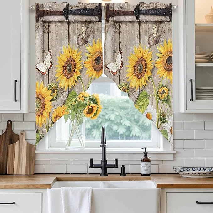 Farmhouse Sunflowers Swag Valances for Windows, Rustic Barn Doors Flowers Butterfly Wooden Rod Pocket Kitchen Curtains Valance, Small Window Curtains Swag for Cafe Living Room, 2 Panels, 28x36 inch