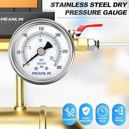 MEANLIN MEASURE 0~300Psi Dry Pressure Gauge Stainless Steel 1/4" NPT 2" FACE DIAL Waterproof for Air Compressor Air Regulator Water Filter Center Back Mount, with 1/2" NPT and 3/8" NPT Hex Bushing