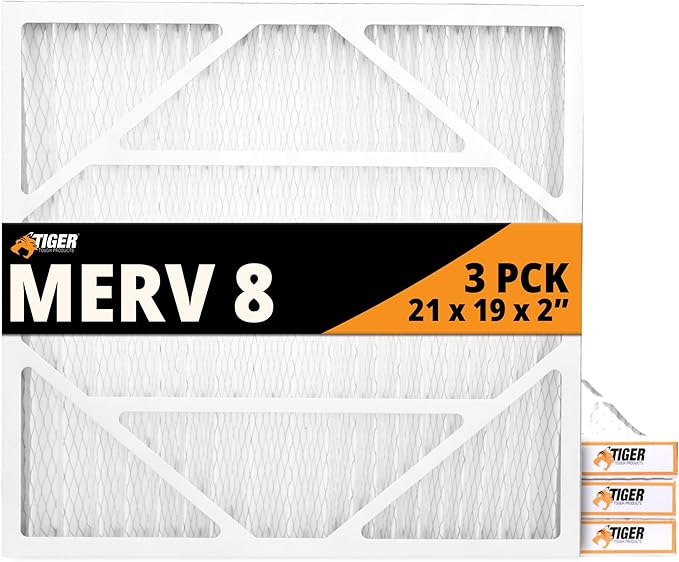 Tiger Tough 21x19x2 Air Filter MERV 8 MPR 600-800, High-Performance Pleated HVAC AC Furnace Filter Replacement for Home, 3-Pack