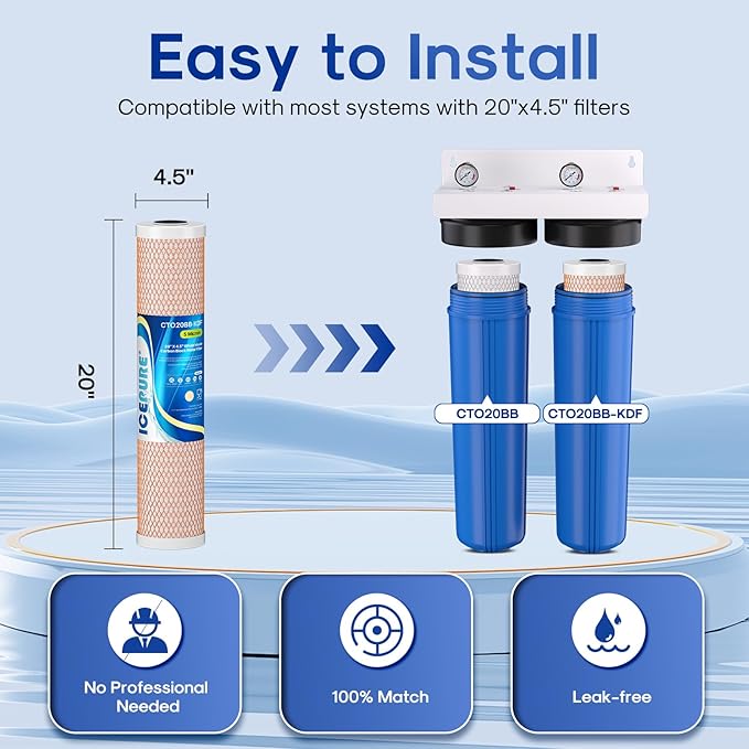 ICEPURE 2-Stage 20" x 4.5" Whole House Water Filter Combo Set, 20 Inch CTO Carbon Block Cartridge and KDF Heavy Metal Removal Water Filter Replacement for FC25B, CB-BB-20, DB20P, Pack of 1