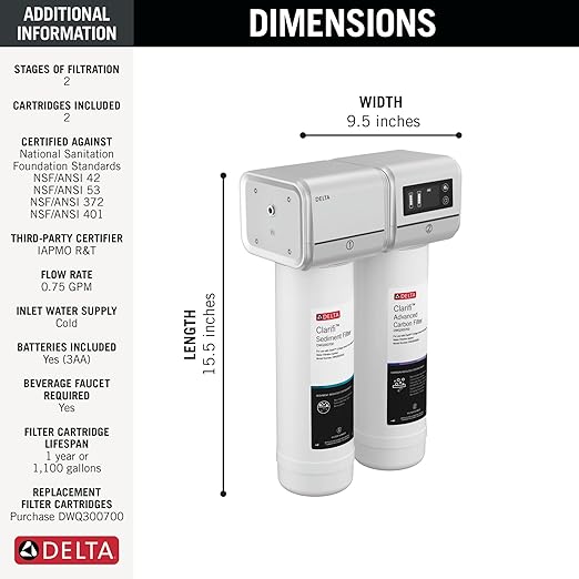 Delta Clarifi Advanced 2 Stage Under Sink Water Filter System, Water Filter for Kitchen Sink Beverage Faucet, DWQ3502020