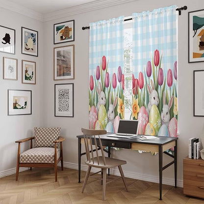 Easter Window Curtains 72 Inch Long 2 Panel Set,Rod Pocket Long Curtains & Drapes,Spring Bunny Colorful Eggs Tulip Flowers Blue Check Light Filtering Window Treatment for Bedroom 52"W x 72"L