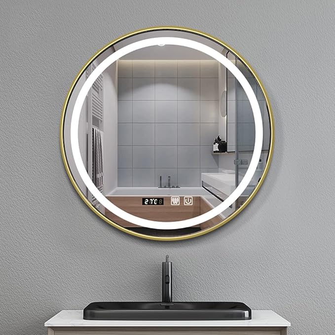 Round Wall Mirror LED Illuminated Bathroom Mirror with Touch Dimmable Demister Pad Makeup Mirror for Vanity Living Room Bedroom(Size:70CM)