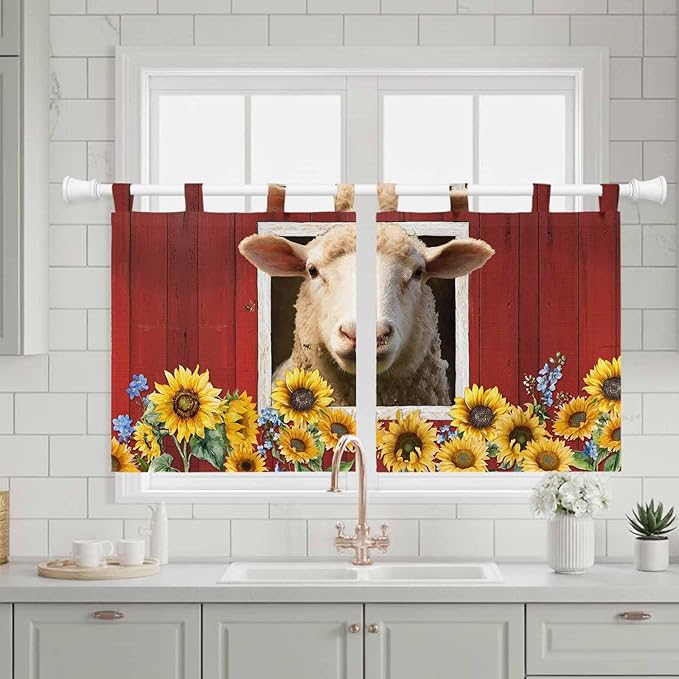 Sheep Sunflower Kitchen Curtains 24 Inch Length, Small Window Curtains Tab Top, Country Red Farm Barn Spring Flowers Light Filtering Short Window Treatments Tier Drapes 27.5"x24" 2 Panel