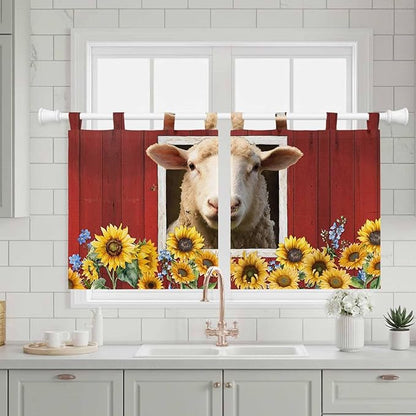 Sheep Sunflower Kitchen Curtains 36 Inch Length, Small Window Curtains Tab Top, Country Red Farm Barn Spring Flowers Light Filtering Short Window Treatments Tier Drapes 27.5"x36" 2 Panel