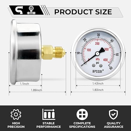 0-60 Psi Glycerin Liquid Filled Low Pressure Gauge, 2.5" Dial Size, 1/4" G Back Mount, 304 Stainless Steel Case, for Water Pipe, HVAC, Water Oil Air Pressure Test
