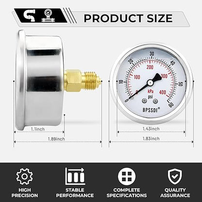 0-60 Psi Glycerin Liquid Filled Low Pressure Gauge, 2.5" Dial Size, 1/4" G Back Mount, 304 Stainless Steel Case, for Water Pipe, HVAC, Water Oil Air Pressure Test
