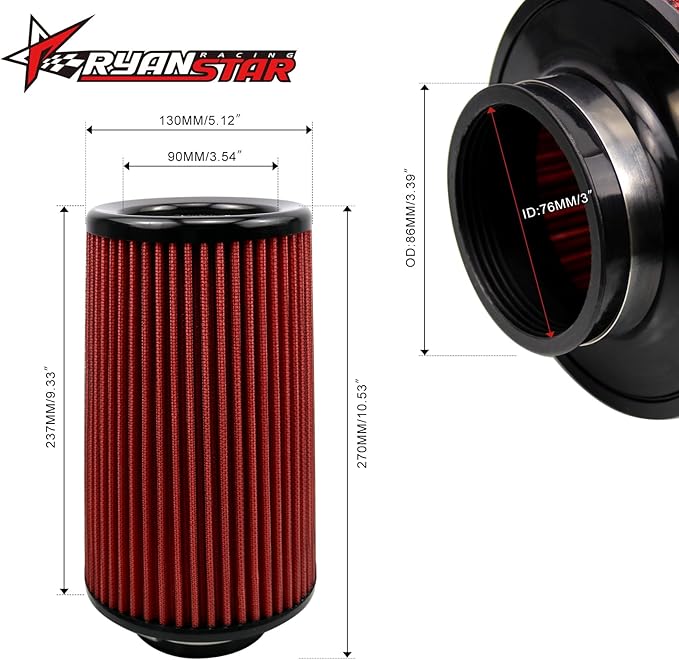 RYANSTAR RACING 76mm 3" High Flow Round Tapered Cone Cool Air Filter Cleaner with Top Filter Design Long 270mm tall