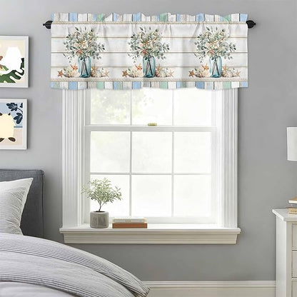 Kitchen Valances for Window, Ocean Starfish Conch Shell Eucalyptus Light Filtering Rod Pocket Valance Curtain, Colorful Wood Grain Short Curtains Window Topper for Bedroom Living Room 54x18in