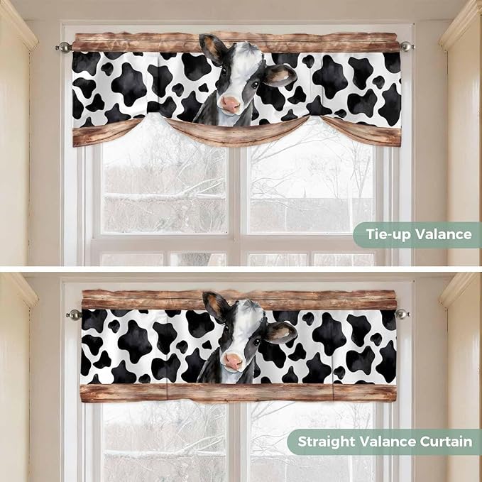 Cow Printed Tie Up Valance Curtains for Windows, Kitchen Curtains Window Shades, Farmhouse Watercolor Country Wooden Grain Light Filtering Roman Curtain Valances for Bedroom/Bathroom/Cafe 42"x12"