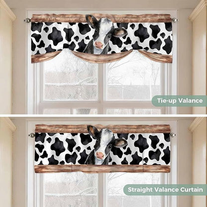 Cow Printed Tie Up Valance Curtains for Windows, Kitchen Curtains Window Shades, Farmhouse Watercolor Country Wooden Grain Light Filtering Roman Curtain Valances for Bedroom/Bathroom/Cafe 42"x12"
