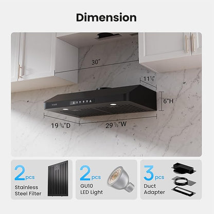 Range Hood 30 inch Under Cabinet, VIKIO HOME Hood Vents for Kitchen, Vent Hoods 30 inches with 980 CFM, 3 Speed Gesture Sensing, Teflon Coating, Non-stick and Easy to Clean, Black