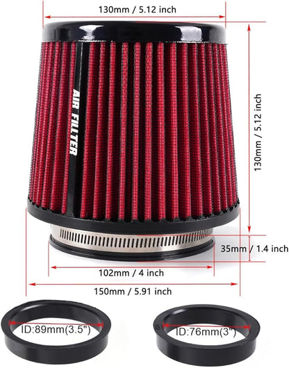 4-Inch Cold Air Intake Filter - Washable, High Performance, 3" or 3-1/2" or 4" Clamp-On Replacement Cone Air Filter Universal 3 Sizes in 1 Red