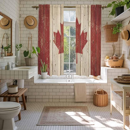 Canada Kitchen Curtains, Red Maple Leaf Flag Vintage Farmhouse Wooden Grain Light Filtering Window Curtain Panels, 2Pcs Rod Pocket Window Treatments Set for Living Room Bathroom Bedroom 42x63 Inches