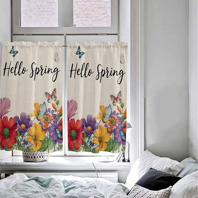 Spring Flowers Kitchen Curtains 54 Inches length, Farmhouse Vintage Country Colorful Floral Window Treatment Curtain Drapes, Thermal Insulated Drapes for Basement Hotel RV, 42"x54", 2 Panels