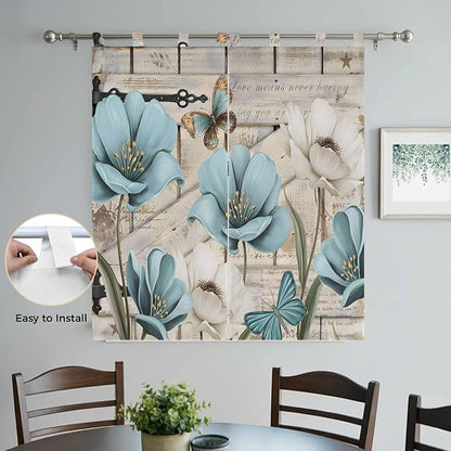 Teal Blue Tulips Bathroom Curtains 63 Inch Length, Window Curtains Tab Top, Spring Floral Barn Doors Vintage Wood Beige Light Filtering Window Treatments Drapes 52"x63" 2 Panel