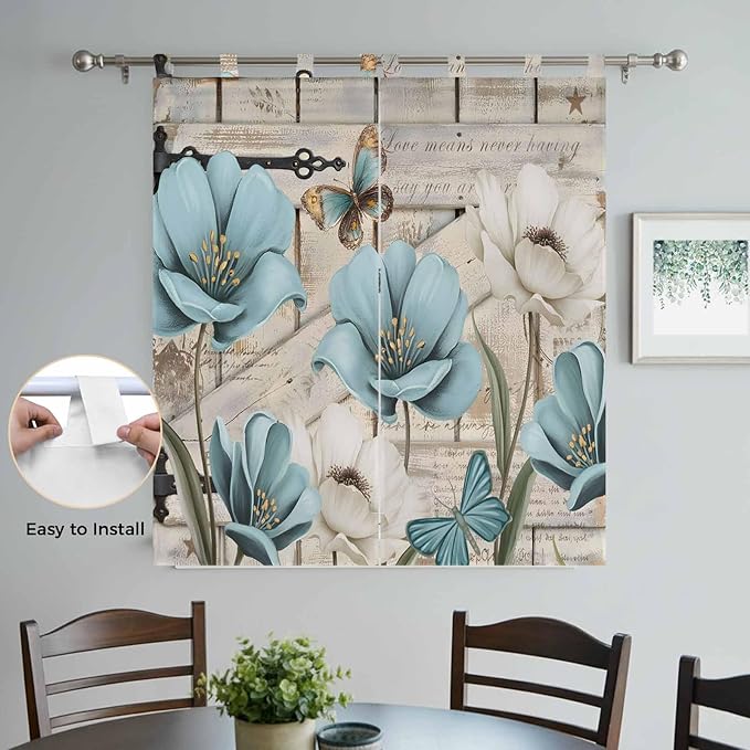 Teal Blue Tulips Living Room Curtains 84 Inch Length, Window Curtains Tab Top, Spring Floral Barn Doors Vintage Wood Beige Light Filtering Window Treatments Drapes 42"x84" 2 Panel