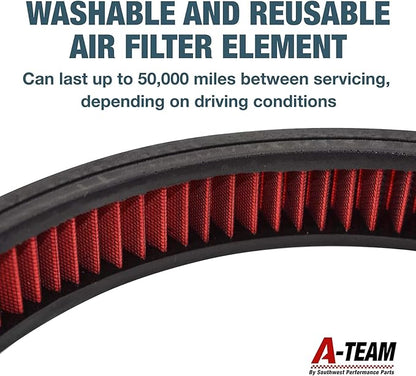 A-Team Performance High Flow Washable & Reusable Round Cotton Air Filter Element - 14x2 Inch Red - Engine Air Filter Compatible w/Buick/Chevrolet/GMC/Ford/Oldsmobile & Pontiac