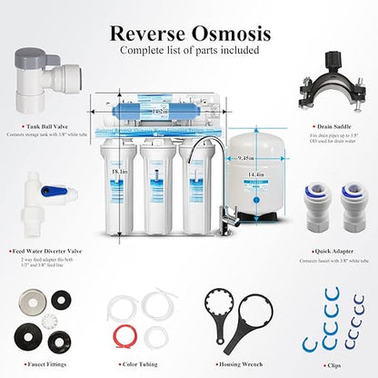 Geekpure 6-Stage Reverse Osmosis RO Drinking Water Filter System with DI Filter TDS to 0-75 GPD