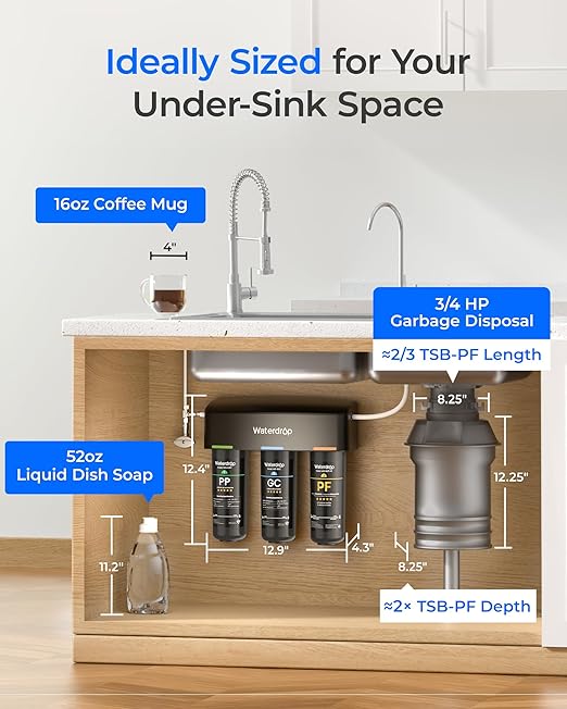 Waterdrop TSB-PF Under Sink Water Filter, 𝐑𝐞𝐝𝐮𝐜𝐞𝐬 𝟖𝟎+ 𝐈𝐦𝐩𝐮𝐫𝐢𝐭𝐢𝐞𝐬-PFAS, Chlorine, Chloramine, Fluoride, Taste&Odor, 9 Layer Under Sink Water Filtration System,with A Separate Faucet