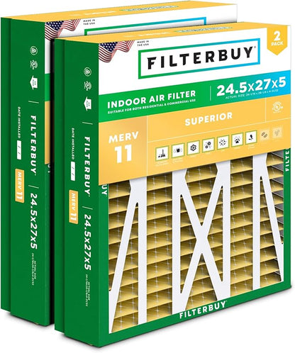 Filterbuy 24.5x27x5 Air Filter MERV 11 Superior Pet & Allergy Defense (2-Pack), Pleated HVAC AC Furnace Filters for Trane, American Standard, Honeywell, and More (Actual Size: 24.06 x 26.13 x 4.97)