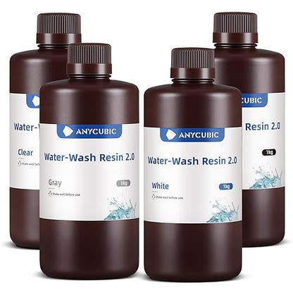 ANYCUBIC Water Washable 3D Printer Resin 2.0 Bundle, 405nm High Precision 3D Resin, Low Shrinkage Photopolymer Resin for LCD Resin 3D Printer (Grey+Clear+White+Black,1kg per Bottle, 4kg in Total)